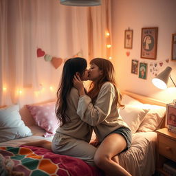 A romantic scene featuring two teenage girls sharing an intimate kiss in a cozy, beautifully decorated bedroom