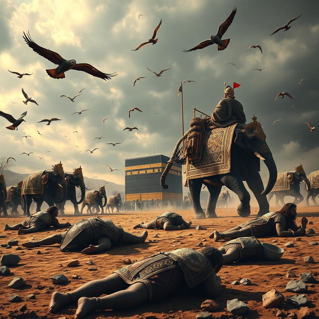 A dramatic scene depicting the legendary battle against the Kaaba, with a powerful king confronting the distant Kaaba, located in Mecca