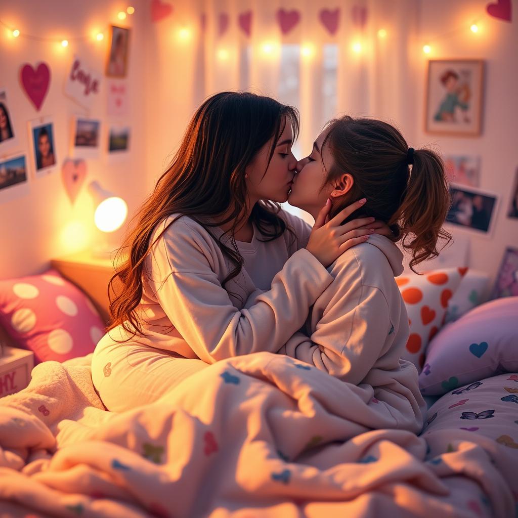 A heartwarming scene depicting two teenage girls sharing an intimate kiss in a cozy bedroom