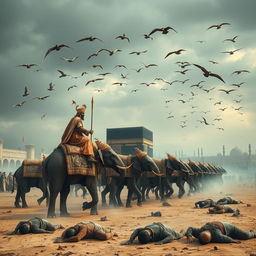 A dramatic scene depicting the legendary battle against the Kaaba, featuring a distant view of the Kaaba in Mecca