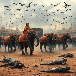 A dramatic scene depicting the legendary battle against the Kaaba, featuring a distant view of the Kaaba in Mecca