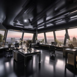 A glass penthouse office designed like a SWAT commander's workspace, taking influence from the architectural style shown in the provided link.