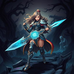 A powerful female hero embarking on an epic journey through a mystical shadow realm