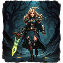A powerful female hero embarking on an epic journey through a mystical shadow realm