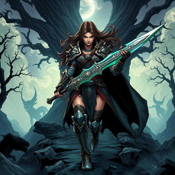 A powerful female hero embarking on an epic journey through a mystical shadow realm
