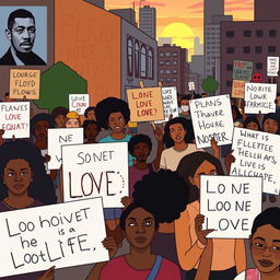 A poignant and respectful illustration of a peaceful protest, featuring diverse individuals holding signs advocating for justice and equality
