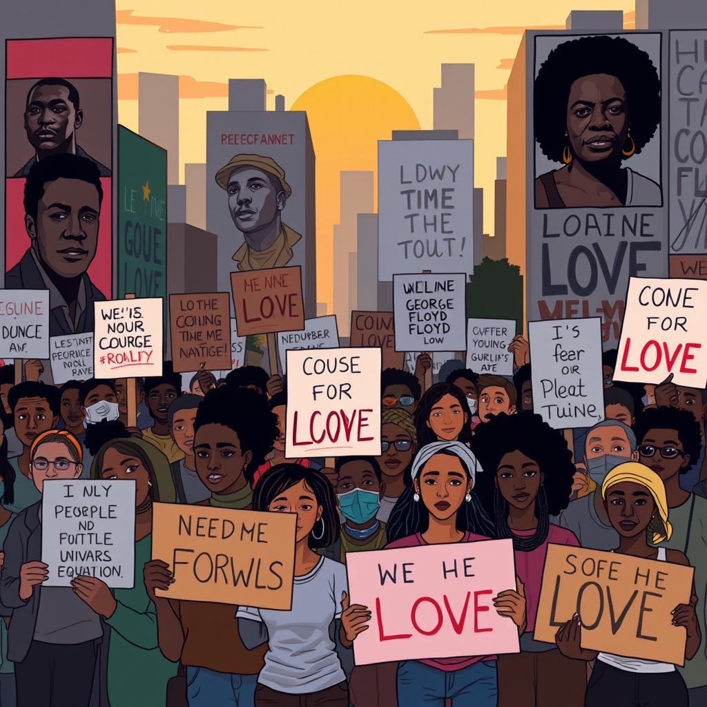 A poignant and respectful illustration of a peaceful protest, featuring diverse individuals holding signs advocating for justice and equality