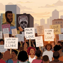 A poignant and respectful illustration of a peaceful protest, featuring diverse individuals holding signs advocating for justice and equality