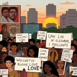 A poignant and respectful illustration of a peaceful protest, featuring diverse individuals holding signs advocating for justice and equality