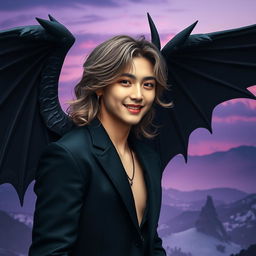 A stunning portrait of BTS V (Kim Taehyung) with dark, majestic devil wings