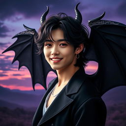 A stunning portrait of BTS V (Kim Taehyung) with dark, majestic devil wings