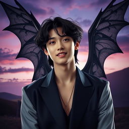 A stunning portrait of BTS V (Kim Taehyung) with dark, majestic devil wings