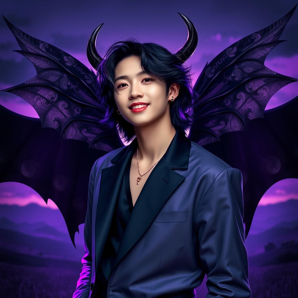 A stunning portrait of BTS V (Kim Taehyung) with dark, majestic devil wings