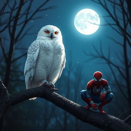 A snowy owl perched majestically on a tree branch, its white feathers glowing softly in the moonlight