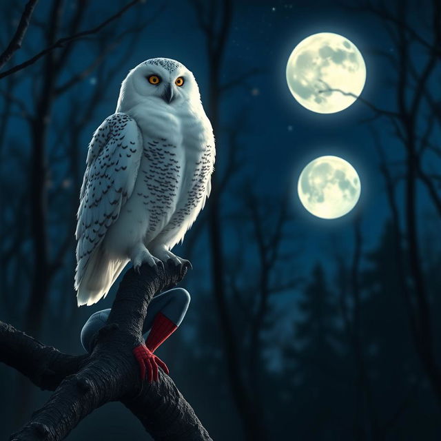 A snowy owl perched majestically on a tree branch, its white feathers glowing softly in the moonlight