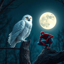 A snowy owl perched majestically on a tree branch, its white feathers glowing softly in the moonlight