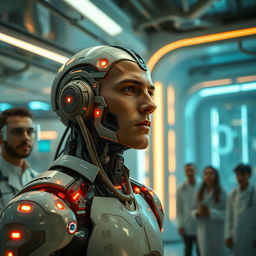 A futuristic scene depicting a cyborg resembling George Floyd, named George Droyd, coming to life