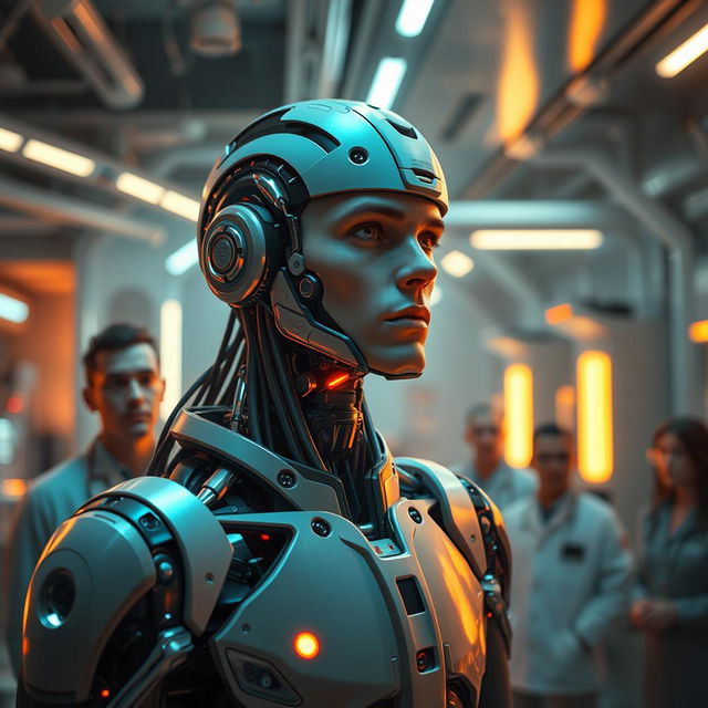 A futuristic scene depicting a cyborg resembling George Floyd, named George Droyd, coming to life