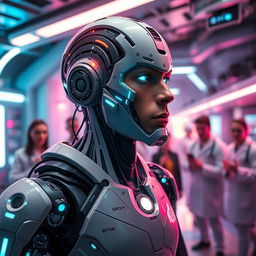 A futuristic scene depicting a cyborg resembling George Floyd, named George Droyd, coming to life