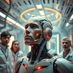A futuristic scene depicting a cyborg resembling George Floyd, named George Droyd, coming to life