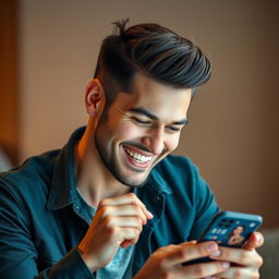 A handsome man with a charismatic smile, laughing while engrossed in a mobile phone