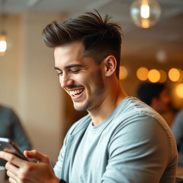 A handsome man with a charismatic smile, laughing while engrossed in a mobile phone