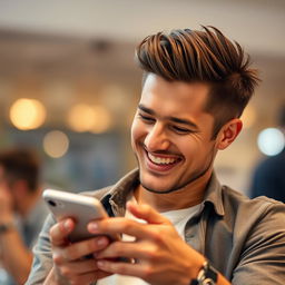 A handsome man with a charismatic smile, laughing while engrossed in a mobile phone
