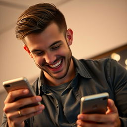 A handsome man with a charismatic smile, laughing while engrossed in a mobile phone