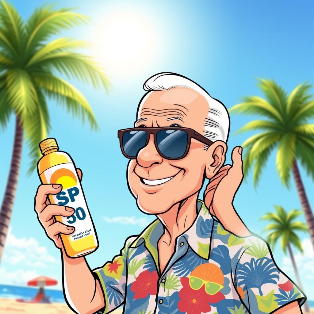 A stylized, humorous cartoon of Joe Biden, the President of the United States, getting ready for a beach day