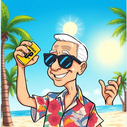 A stylized, humorous cartoon of Joe Biden, the President of the United States, getting ready for a beach day