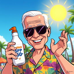 A stylized, humorous cartoon of Joe Biden, the President of the United States, getting ready for a beach day