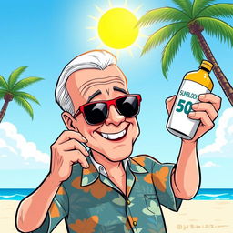 A stylized, humorous cartoon of Joe Biden, the President of the United States, getting ready for a beach day