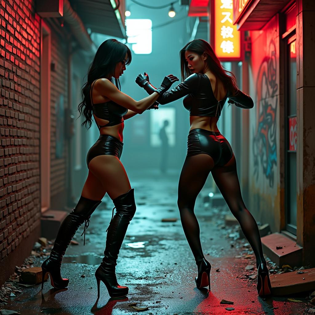 A dramatic and action-packed scene featuring two fierce female secret agents, one Chinese and the other Japanese, engaged in an intense fight in a narrow, shadowy back alley