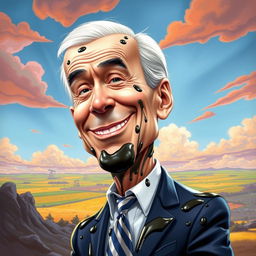 A humorous and artistic caricature of Joe Biden, the President of the United States, humorously depicted covered in oil, standing in a comical pose with a playful expression on his face