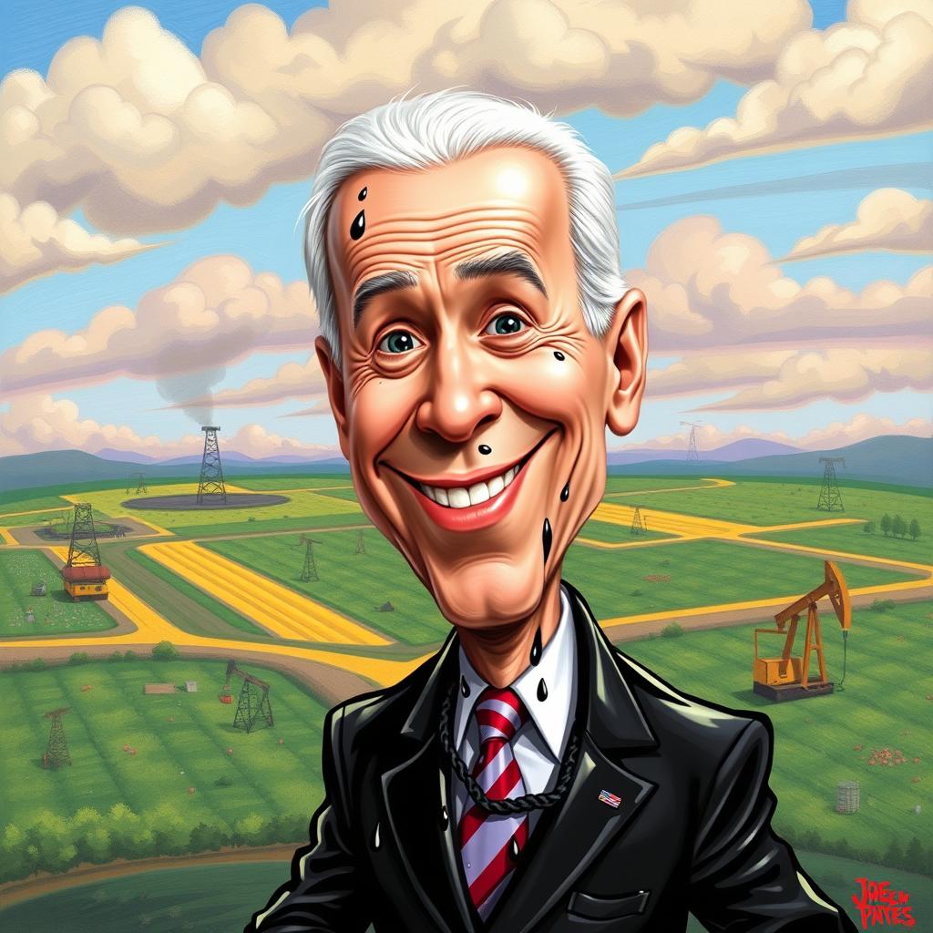 A humorous and artistic caricature of Joe Biden, the President of the United States, humorously depicted covered in oil, standing in a comical pose with a playful expression on his face