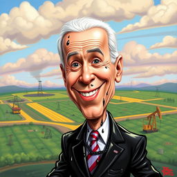 A humorous and artistic caricature of Joe Biden, the President of the United States, humorously depicted covered in oil, standing in a comical pose with a playful expression on his face