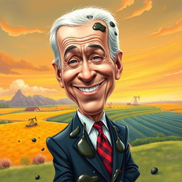 A humorous and artistic caricature of Joe Biden, the President of the United States, humorously depicted covered in oil, standing in a comical pose with a playful expression on his face