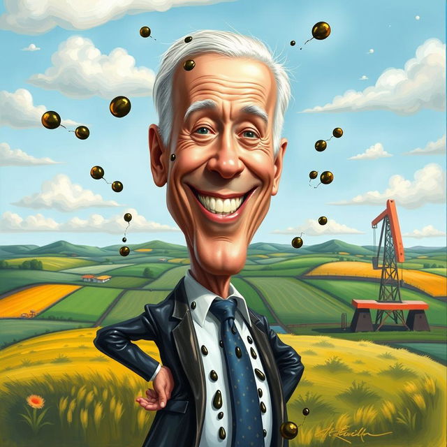 A humorous and artistic caricature of Joe Biden, the President of the United States, humorously depicted covered in oil, standing in a comical pose with a playful expression on his face