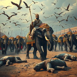 A majestic scene depicting the story of Abraha's army approaching the Kaaba