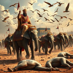 A majestic scene depicting the story of Abraha's army approaching the Kaaba