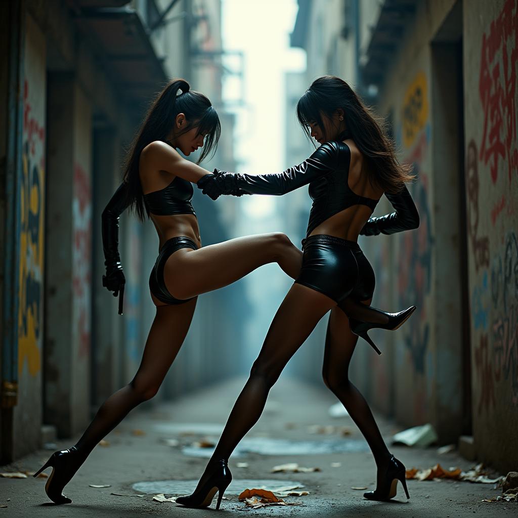 A thrilling and dynamic scene featuring a fierce battle between two female secret agents, one Chinese and one Japanese, engaged in combat in a narrow, dimly lit back alley