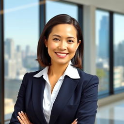 A professional standing business portrait featuring a confident businesswoman in a tailored navy suit, with a crisp white blouse underneath