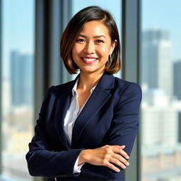 A professional standing business portrait featuring a confident businesswoman in a tailored navy suit, with a crisp white blouse underneath