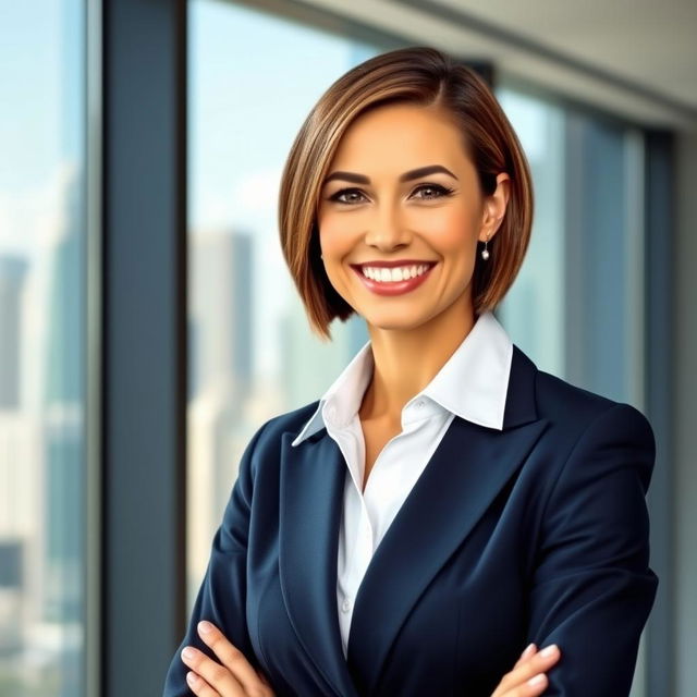 A professional standing business portrait featuring a confident businesswoman in a tailored navy suit, with a crisp white blouse underneath