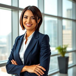 A professional standing business portrait featuring a confident businesswoman in a tailored navy suit, with a crisp white blouse underneath