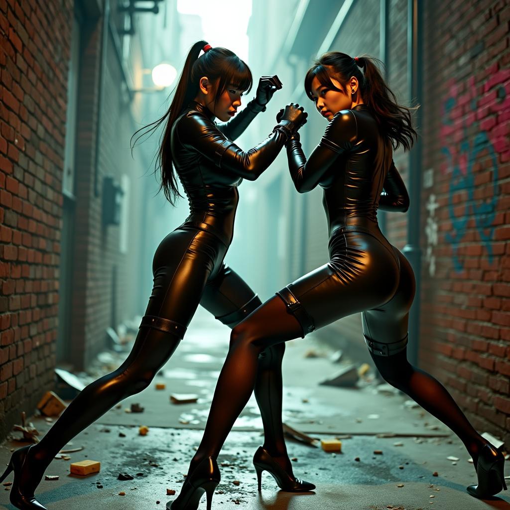 A thrilling action scene featuring two female secret agents, one Chinese and one Japanese, in a fierce fight set in a dark back alley