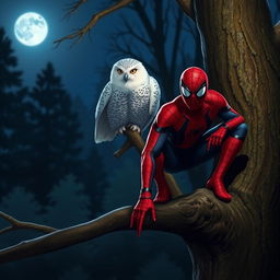 A snowy owl perched gracefully on a tree branch, its feathers softly illuminated by the moonlight