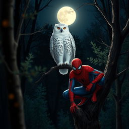 A snowy owl perched gracefully on a tree branch, its feathers softly illuminated by the moonlight