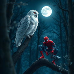 A snowy owl perched gracefully on a tree branch, its feathers softly illuminated by the moonlight