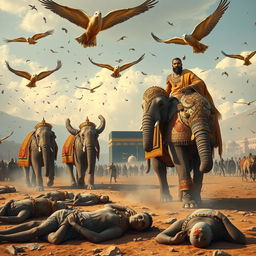 An awe-inspiring scene illustrating the approach of Abraha's army toward the Kaaba, with the majestic structure visible in the distance in Mecca